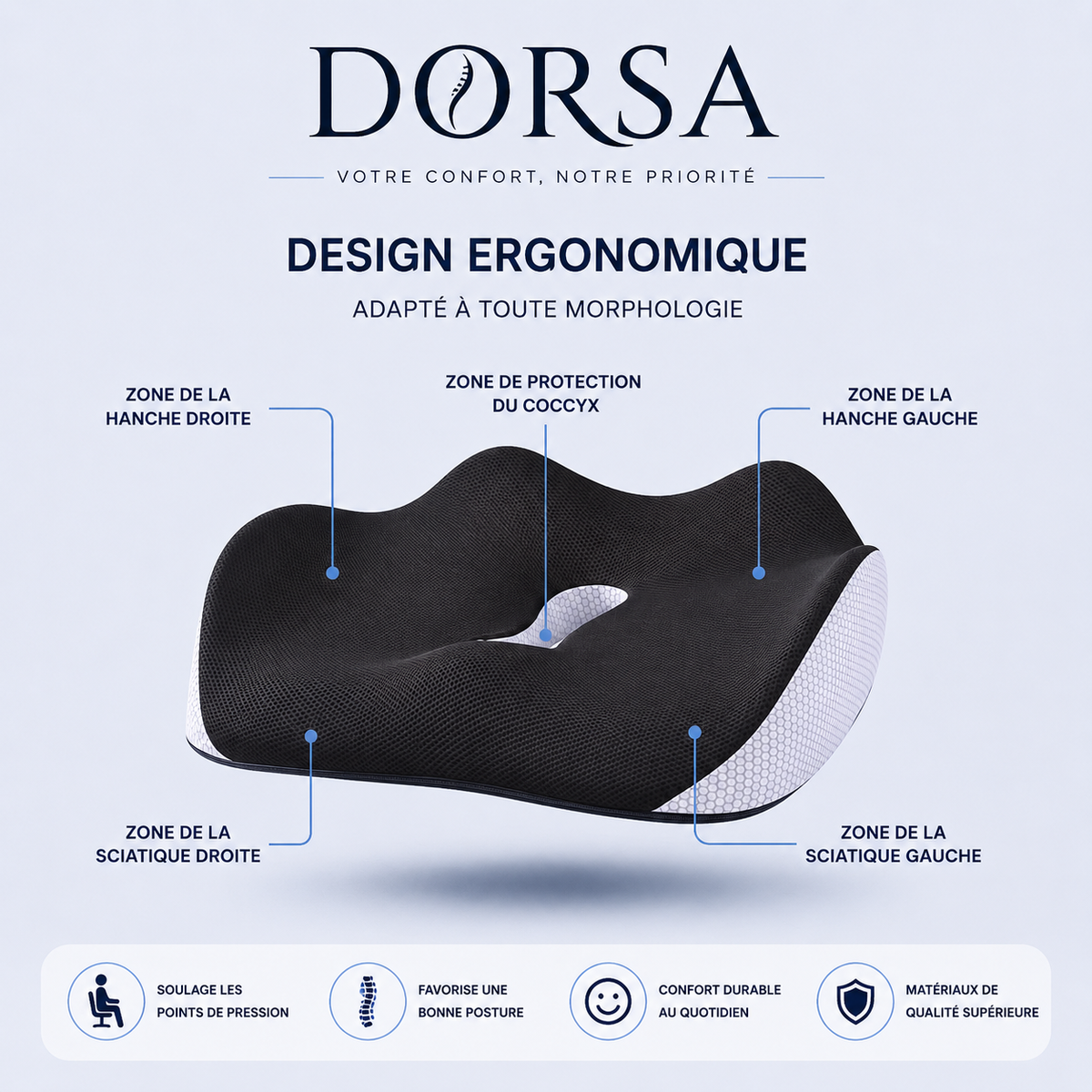 Coussin Coccyx Ergonomique Dorsa — Mémoire de Forme